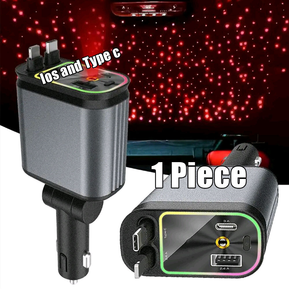 Retractable Car Charger 4 In 1 Fast Charge Phone Socket LED Starlight Car Roof