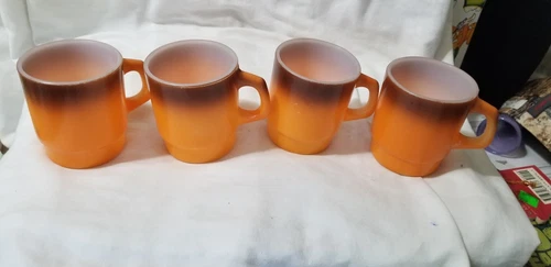 Set of 4 Vintage Fire King Orange and Brown Ombre Stackable Milk Glass Mugs