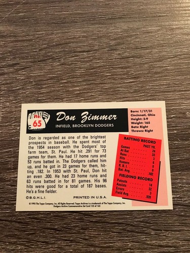 1955 BOWMAN REPRINT #65 DON ZIMMER mint reprint - Picture 2 of 2