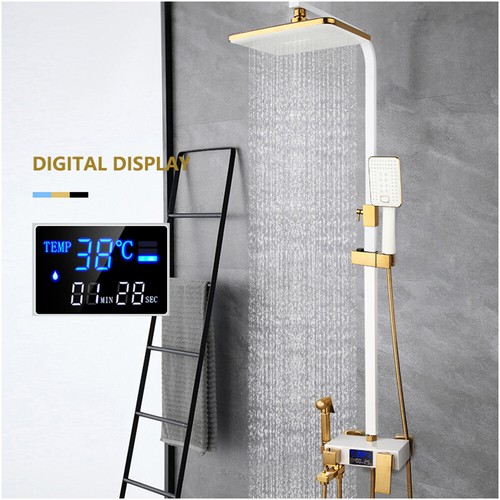 Sistema de grifo de ducha de baño blanco de 10,4" grifo mezclador de montaje en pared con pantalla digital  - Imagen 1 de 6