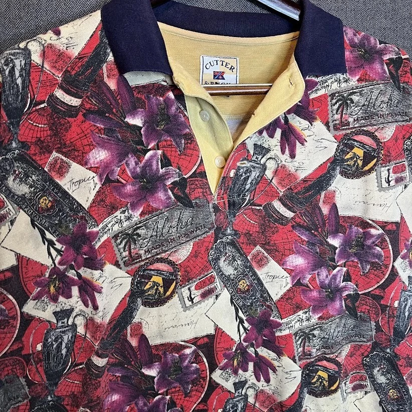 Cutter & Buck Polo Shirt Men's XLT Red All Over Print Vacation Beach Vintage  - Image 2 of 4