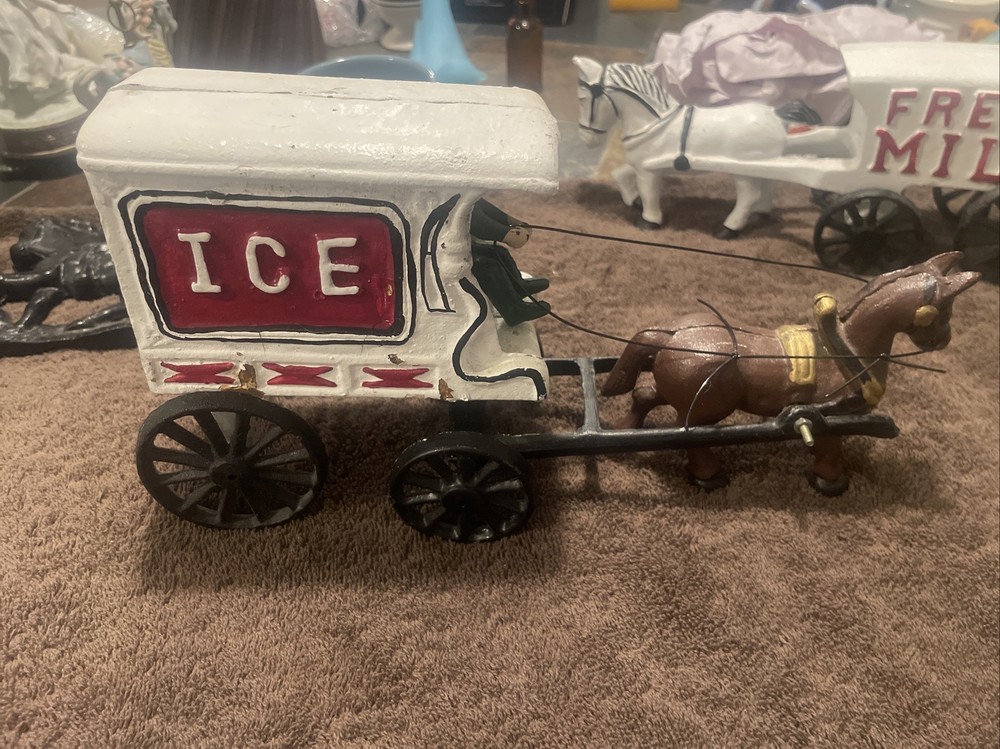 ANTIQUE HEAVY CAST IRON TOY HORSE & ICE WAGON & Driver 10.5” Long