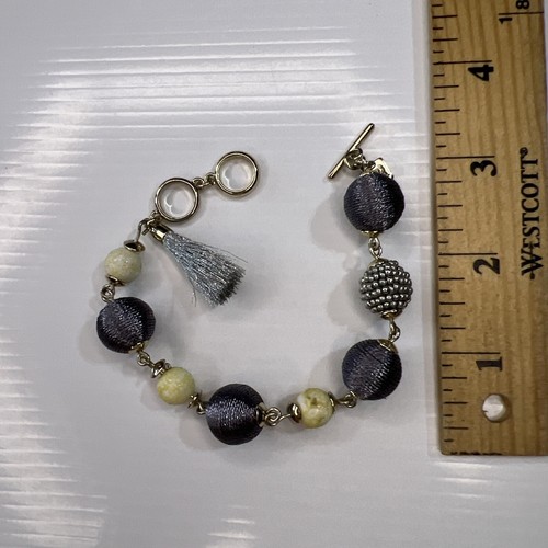 Banana Republic Knebel goldfarben Silber Perlen Stoff Glamour Retro Armband 8" - Bild 2 von 9