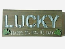 Irish St. Patrick's Day Shamrock "Lucky" Wall Plaque Door Hanger Sign 15.5" x 7"