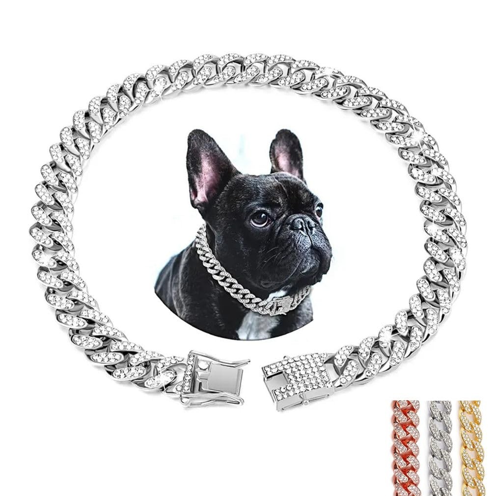Collier pour chien chaîne argentée strass scintillants bijoux taille M
