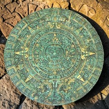 Vintage Mid Century Aztec Mayan Calendar 10" Green Crushed Malachite Stone