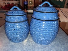 Pair Of Jay Import Company Blue Speckled Ceramic  6"& 5" Canisters Nice&Clean!  