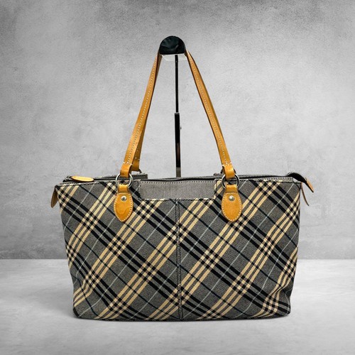 Burberry Blue Label Nova Check Tote Bag Leather Natural Used Authentic