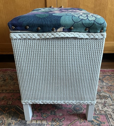 Vintage Mid Century Woven Wicker Trunk Storage Box Ottoman 1970s Fabric Purple - Picture 4 of 14