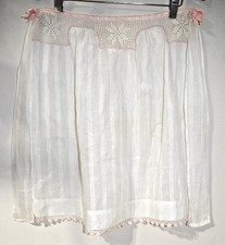 C3 Vintage APRON White on White Cotton Stripe  Pink Hand Crochet w Satin Roses