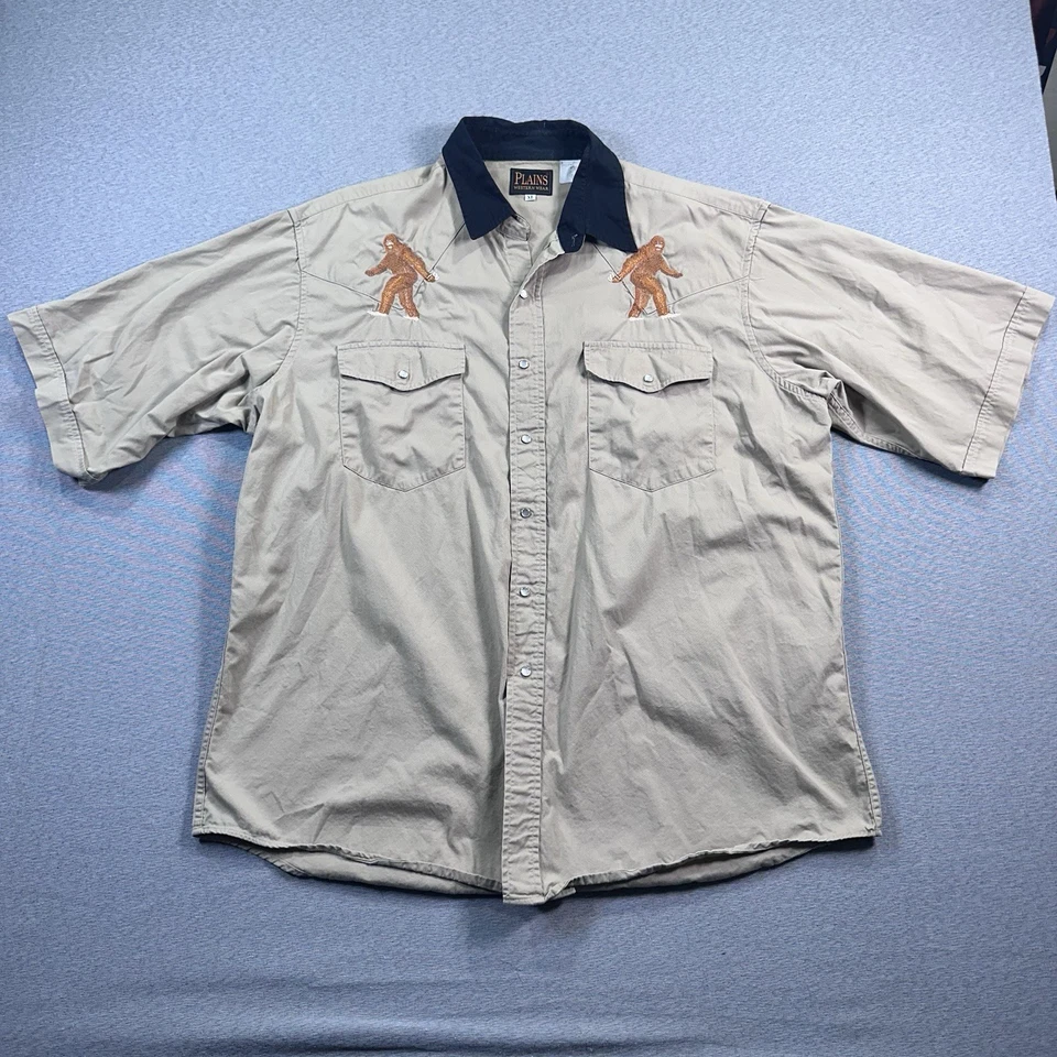Camisa Plains Western Wear Perla A Presión Para Hombres XL Marrón Sasquatch Pie Grande De Colección Foto 4 de 4