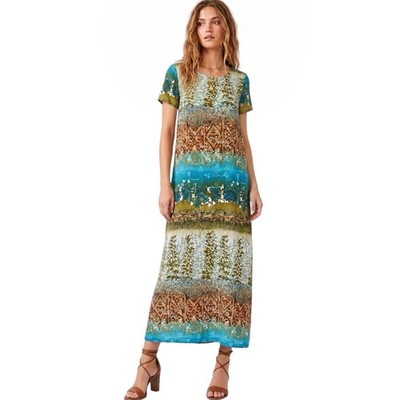 Kayla G Hawaii Maxi Dress Short Sleeve Boho Abstract Vintage Bohemian Sz Medium