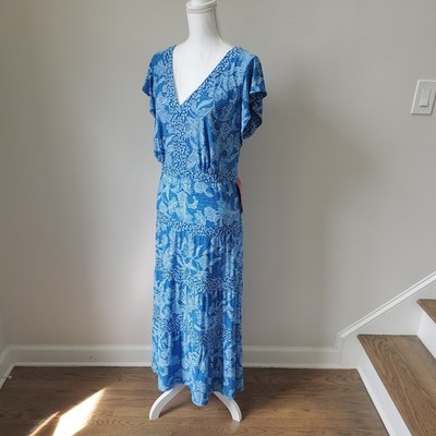 NWT L Ralph Lauren Black label Blue Flutter Sleeve Midi Dress