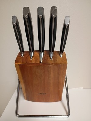 AICOK 5PC Knife Set w/ Wooden Block Stand Stainless Steel Chef Kitchen