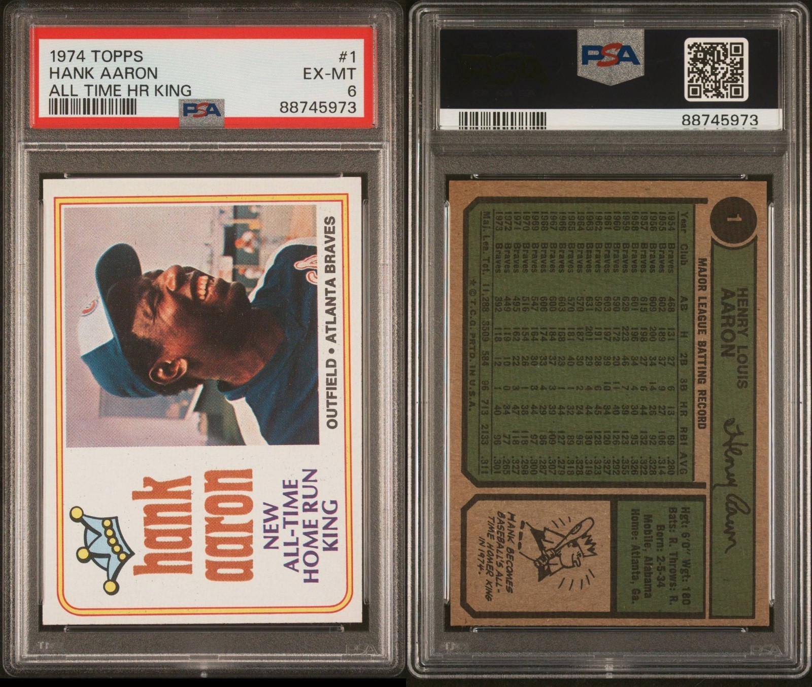 1974 Topps #1 Hank Aaron Braves PSA 6 EX-MT view 1