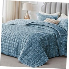 Velvet Quilt Set King Size - Luxury Velvet King/Cal King 108"x92" Dusty Blue