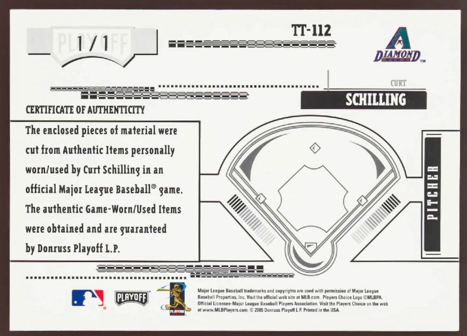 2005 Absolute Mem Curt Schilling #1/1 Quad Prime Jersey Glove Patch Tools Trade - Image 2 of 2