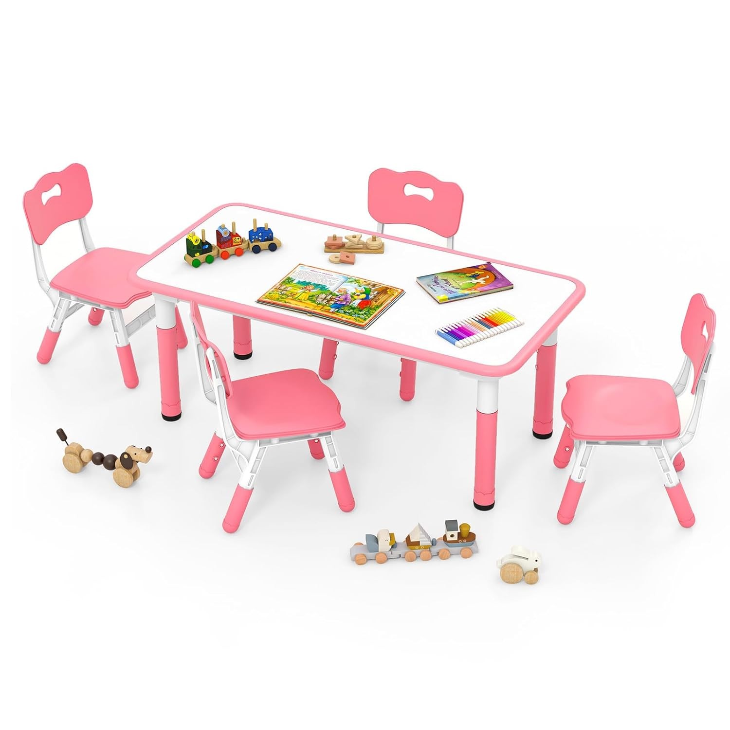 INFANS Adjustable Height Kids Table and Chair Set Toddler Desk Pink Large  