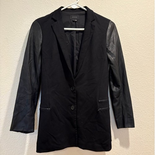 Theory schwarzer Lavey K Ziegenleder Langarm Zwei Knopf Blazer Jacke Größe 4 - Bild 2 von 6
