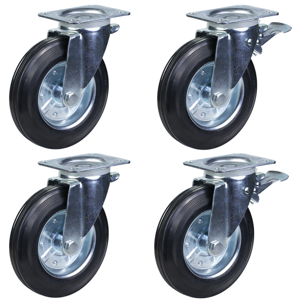 200mm 8"" rubber wheel Waste bin castors, swivel & swivel/brake - Set of 4 - Image 2