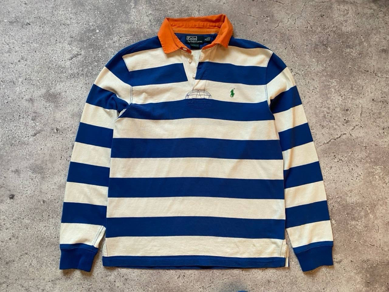 Vintage Polo Ralph Lauren Rugby Shirt Mens Medium Striped Long Sleeve Globe Logo