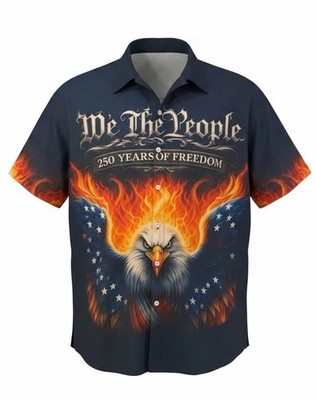 Golf Shirt Mens Large Button Up USA Flag Eagle Hawaiian 4th Of July Patriotic