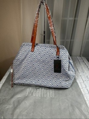 Street Level Anchorage Diamond Printed Tote leather trim Blue Cognac 19  NEW