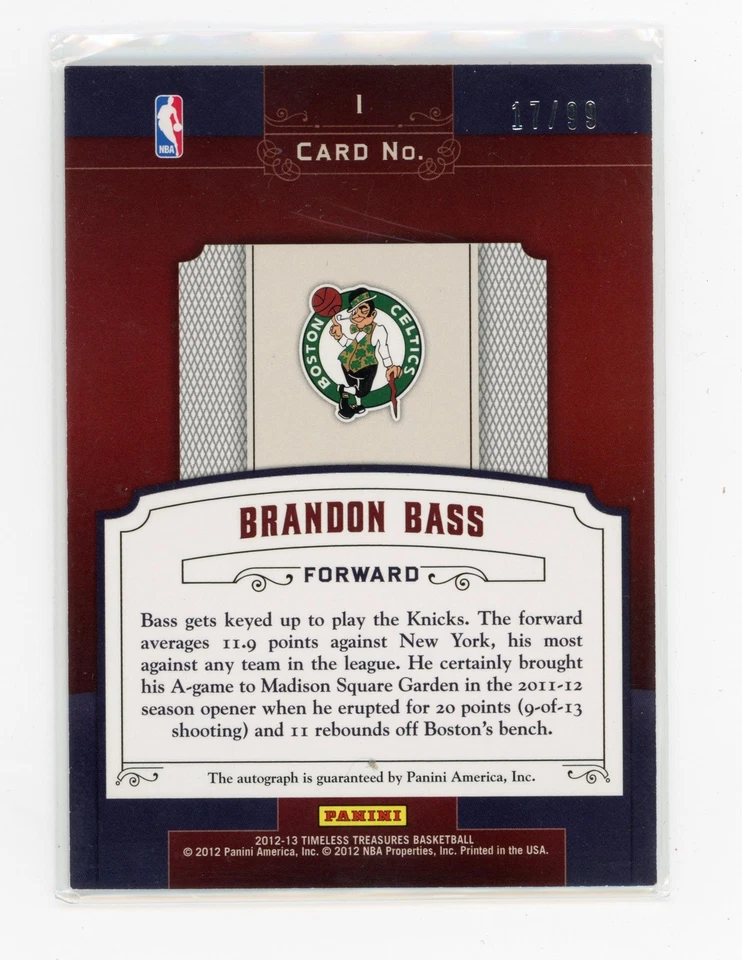 2012-13 Panini Timeless Treasures Validating Marks Brandon Bass Auto/99 Celtics - Imagem 2 de 2