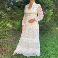 cottage core prairie lace maxi dress boho ivory floral gown S Romantic Vintage