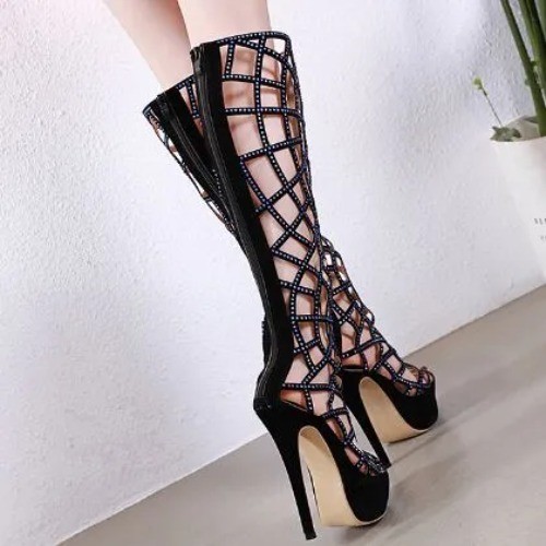 Women's Strappy Rhinestone Gladiator Knee High Platform Heels Sandals Stiletto