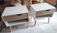 Pair Modern Bedside Tables White & Light Wood, 1 Drawer Shelf Recessed Handle