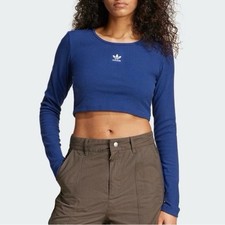 Adidas Women  s Ribbed Long-Sleeve Tee Crop Top Blue Size Small