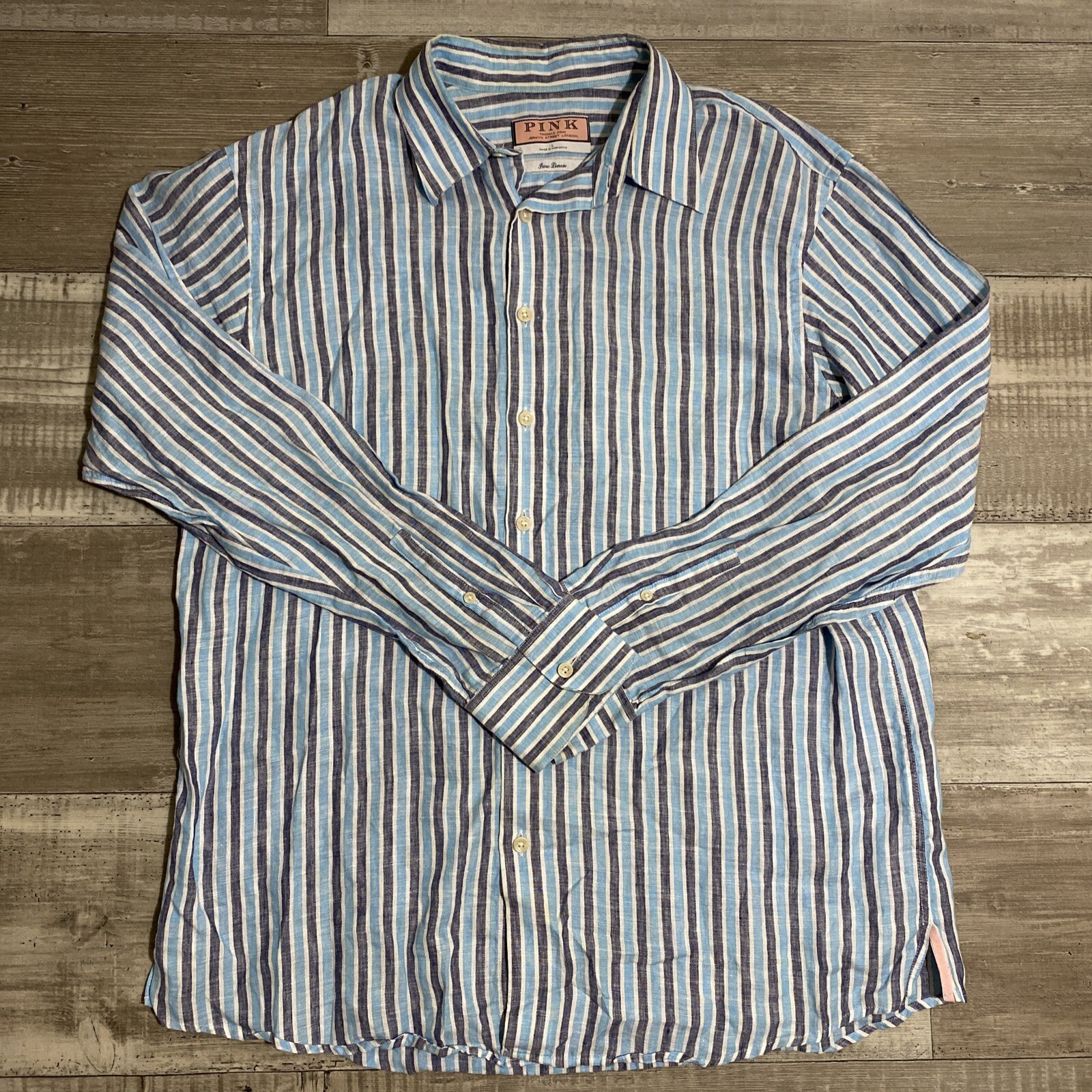 Thomas Pink Mens L Dress Shirt Blue And Pink Striped 100% Linen | eBay