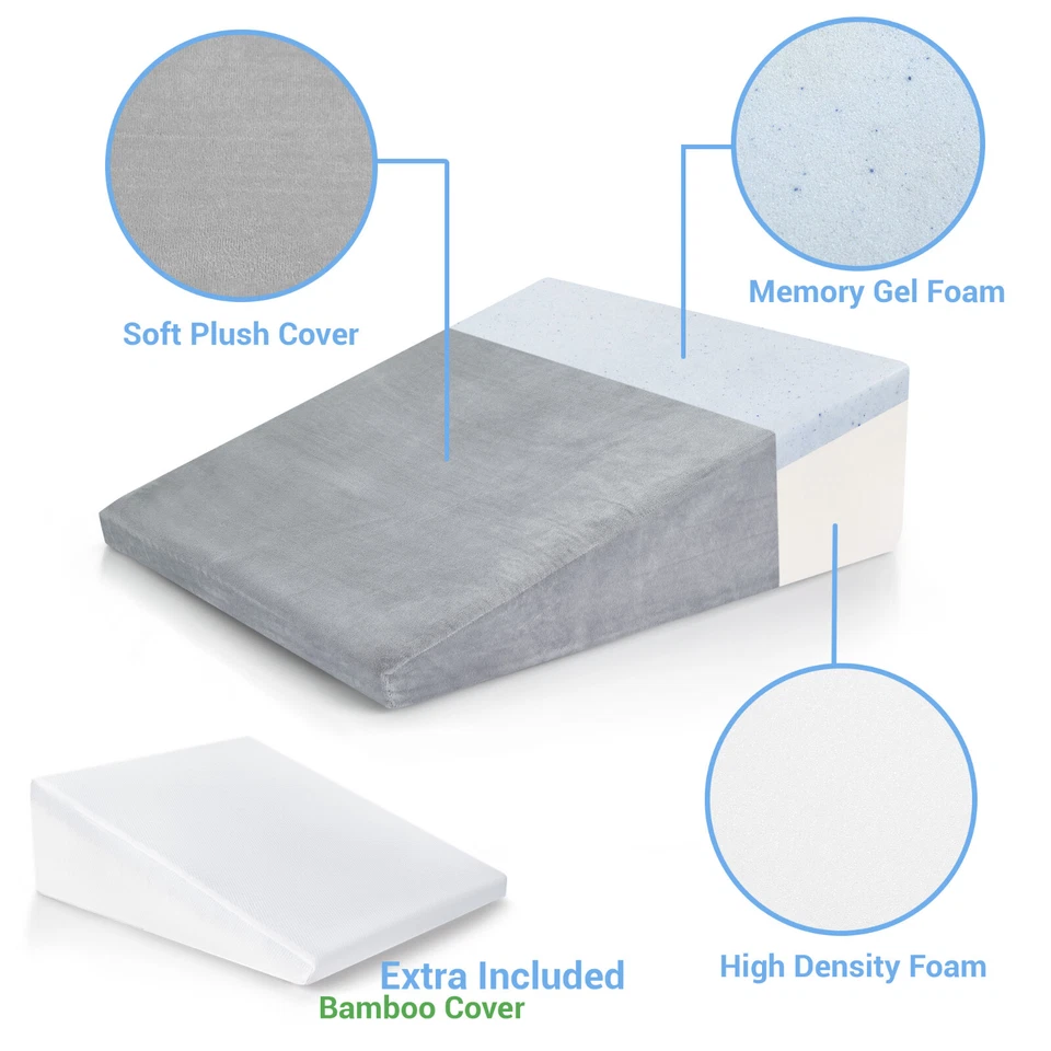 Almohada de cuña para cama de 8 pulgadas, tapa de espuma viscoelástica de gel de enfriamiento, lavable a máquina, 2 fundas Foto 4 de 4