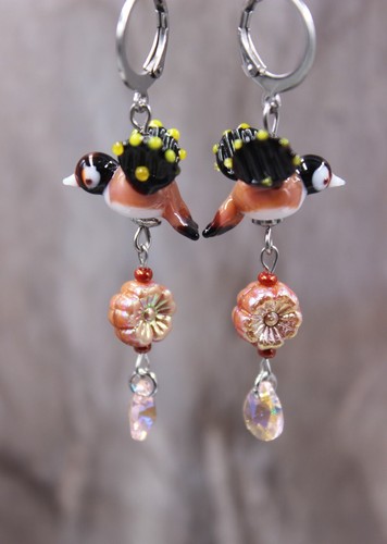 Stieglitz Distelfink Vogel Ohrringe Ohrhänger Lampwork Perlen Glastropfen #LB004 - Bild 6 von 10