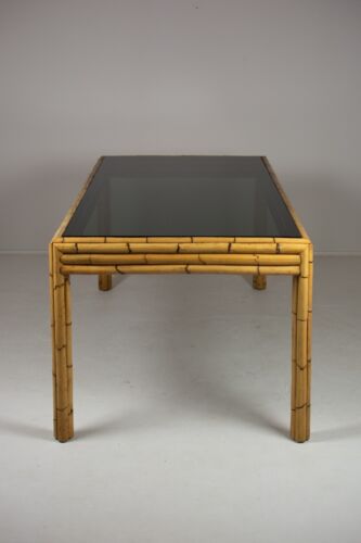 Vintage Bamboo Dining Table With Smoked Glass top, c.1980's Spanish. - Picture 3 of 10