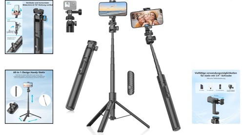 Selfie Stick Stativ 155cm Aluminium Tragbar Handy & Action Kamera Halter - Bild 2 von 10