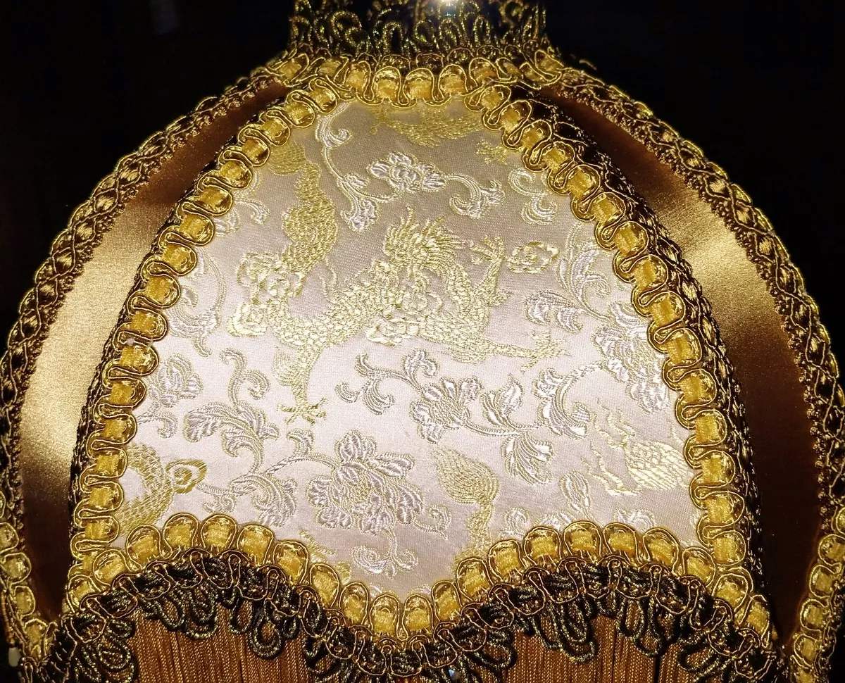 MANDALAY VICTORIAN GLASS BEADED LAMPSHADE IVORY GOLD SILK LAMPAS GOLD SILK 12