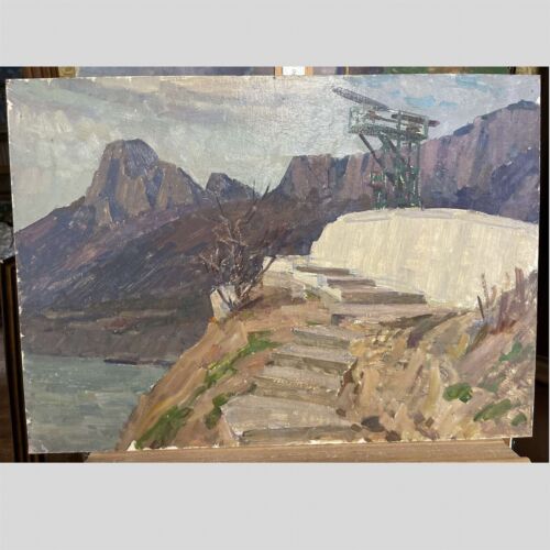 Old OIL Hand PAINTING /Crimea Sea Border Outpost/ USSR Realism 27"=70cm SIGNED - Picture 1 of 3