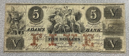 Banconota da 5 dollari 1862 Adams Bank North Adams, Massachusetts n. 6748 - Foto 1 di 9