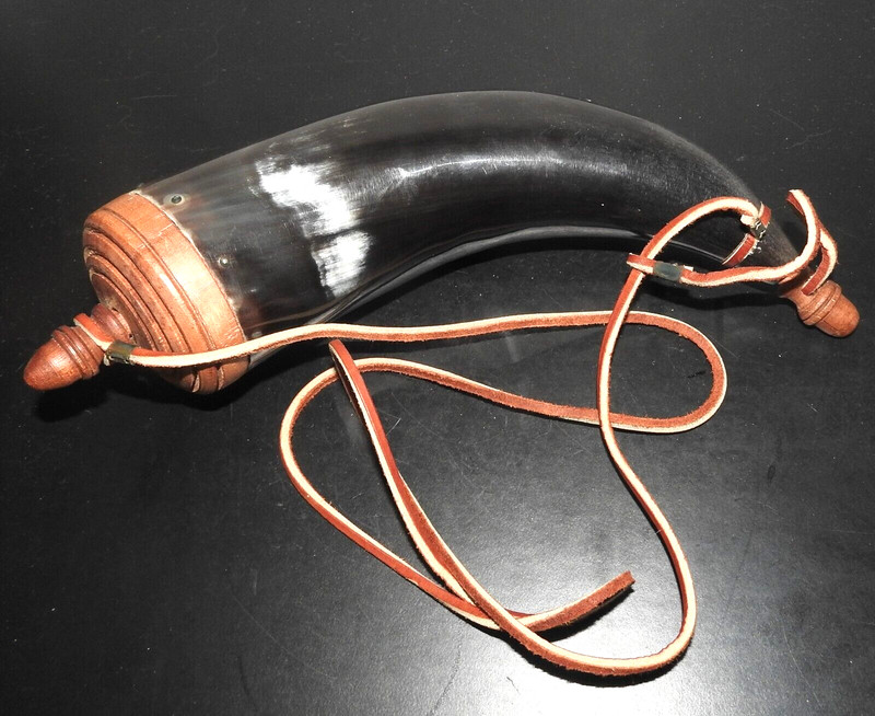 Vintage Steer Powder Horn Hand Nailed Wooden Rim and Leather Strap