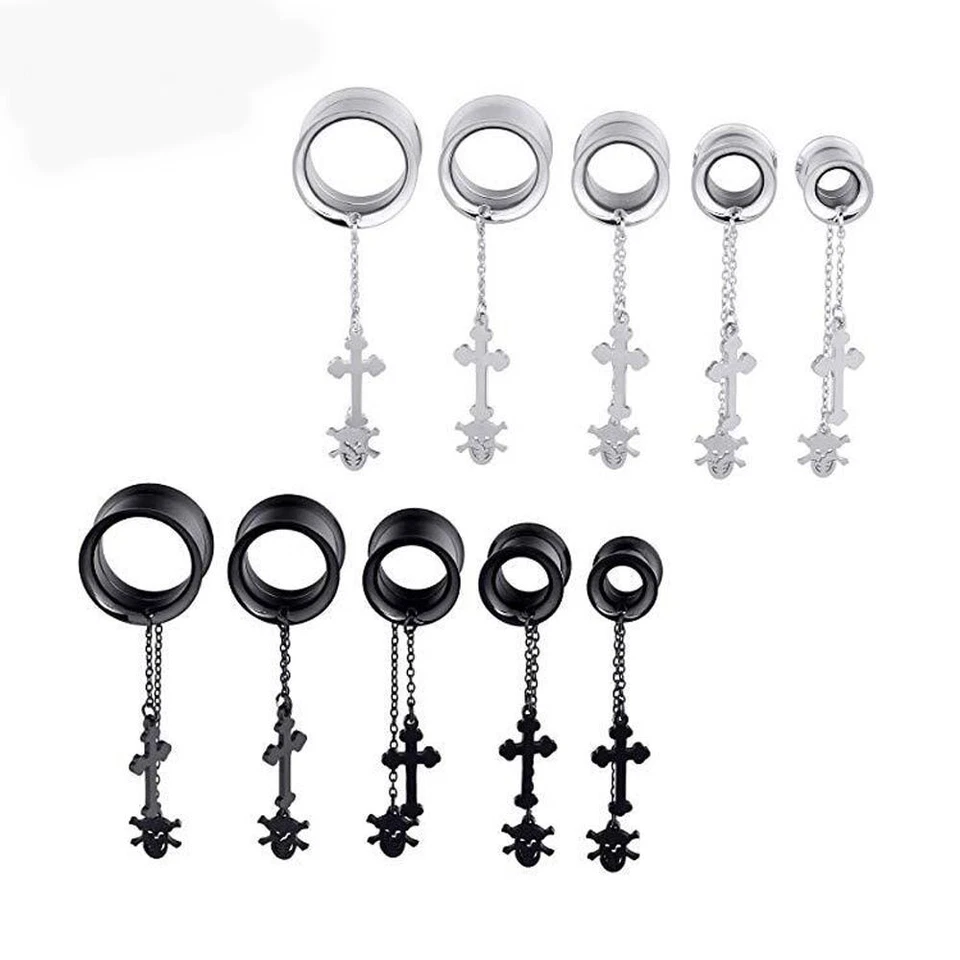 2 piezas Acero Inoxidable Cruz Calavera Cadena Colgante Oreja Túnel Expansores Joyería Corporal Foto 2 de 4