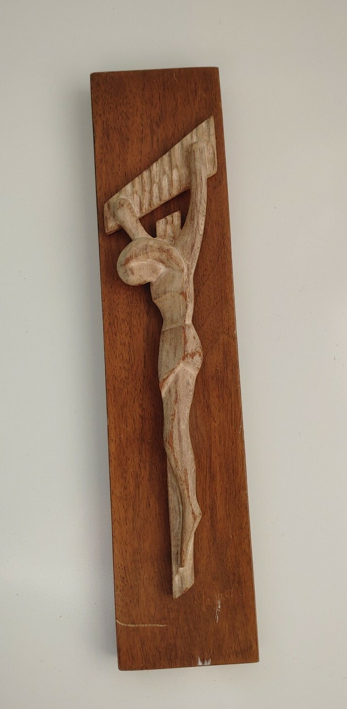 Vintage Wooden Crucifix Hand Carved Figure Jesus on Cross Folk Art Wall Plaque