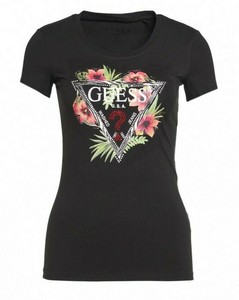 GUESS W1GI0N J1311 Jblk Ss Cn Rebecca Tee T-Shirt Triangle Logo Rhinestone  Black | eBay