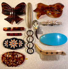12 Vintage Barrettes France W. Germany Faux Tortoise Plaid Pearl Beaded BIG 5"
