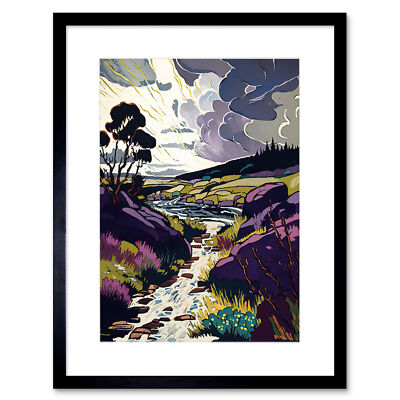 Scottish Landscape Illustration with Stormy Clouds Framed Wall Art Print 9X7 In