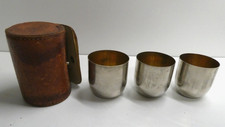 SET OF 3 GILT LINED STAINLESS STEEL CUPS IN LEATHER CASE ANTIQUE TRAVEL PICNIC