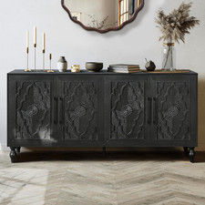 Mid-Century Modern Carved Flower 4-Door Functional Buffets Sideboard with Shelve
