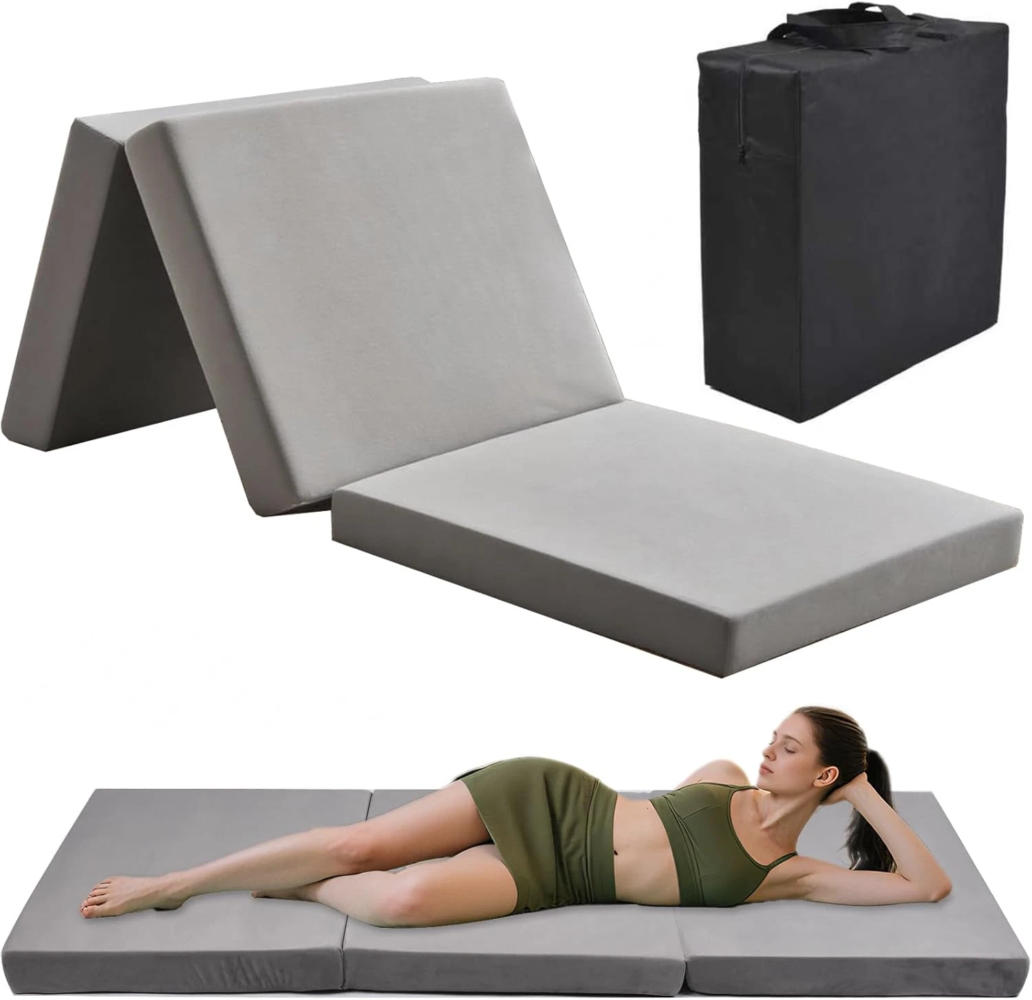 Trifold Memory Foam Folding Mattress for Camping and Guest Use, Washable Cover