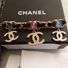 CHANEL Hair Barrette Gold Leather Rhinestone Faux Pearl CC Logo Charm Box Rare